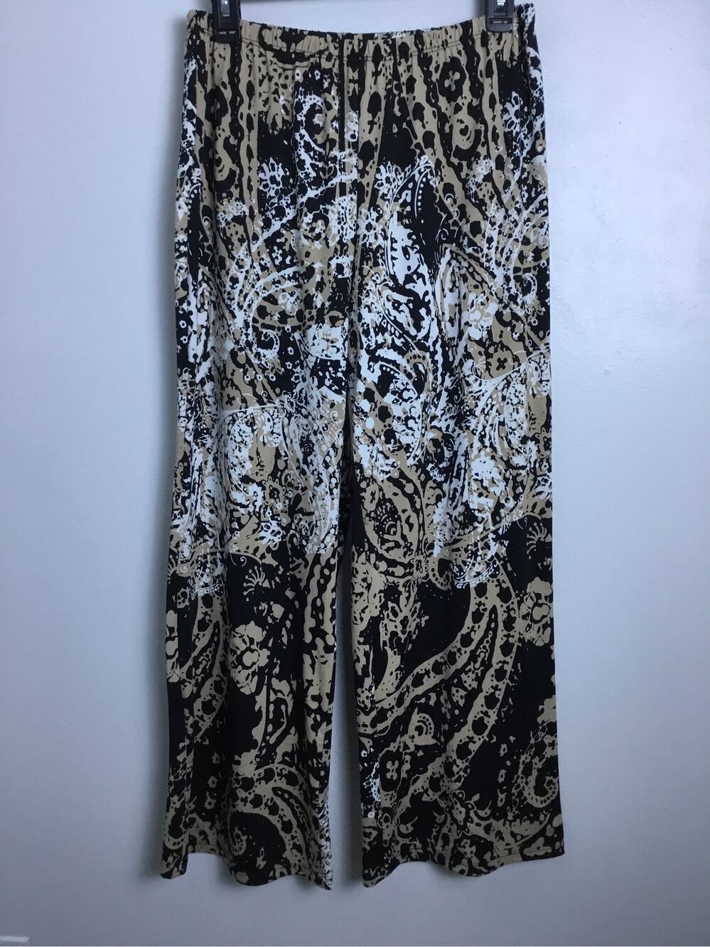Sunny Leigh Wide Leg Palazzo Pants Paisley Floral Print Black Tan Boho Pull On L